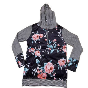 Easther Hoodie Womens Small Long Sleeve Floral Print Striped Sweatshirt